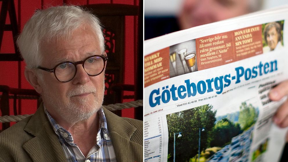 Man med glasögon och kavaj bredvid en bild på tidningen GP.