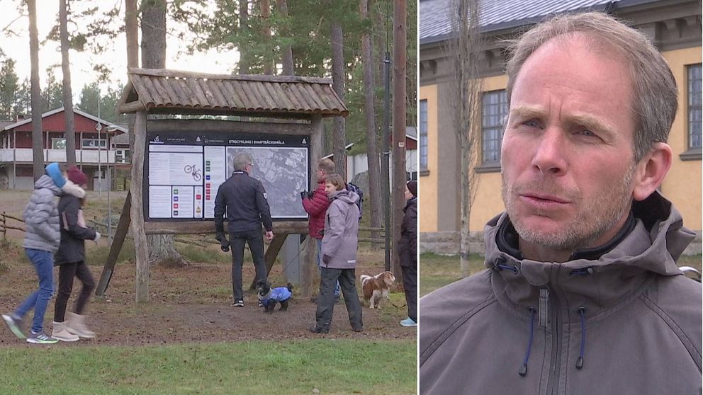 Delad bild. Till vänster människor utomhus vid en informationstavla för ett strövområde. TIll höger kortklippt gråhårig man med skäggstubb. Har grå jacka.