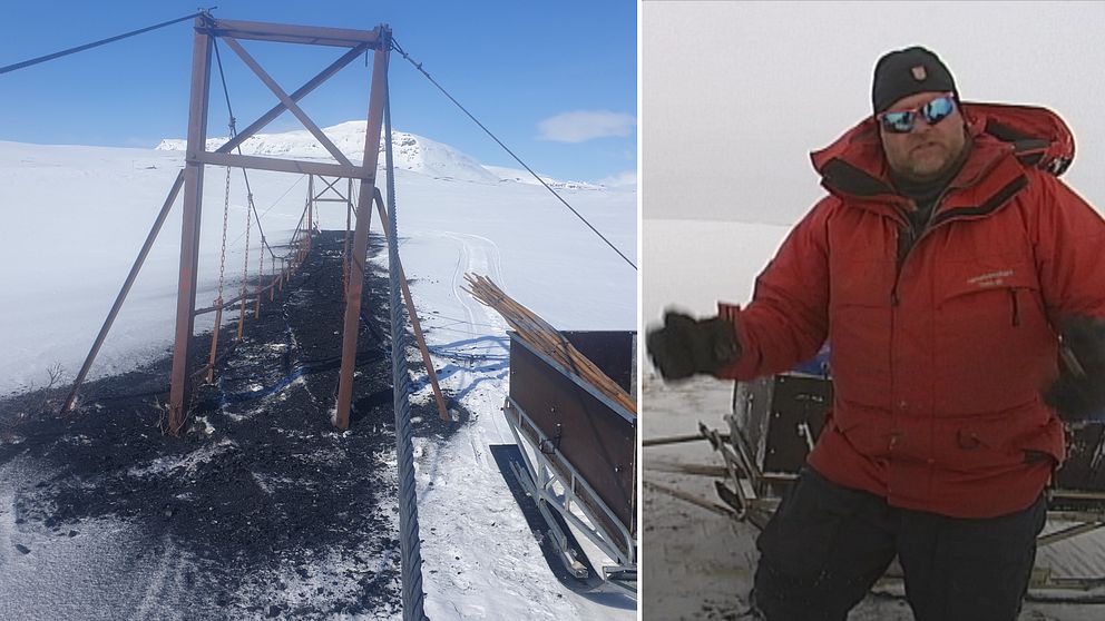 En tvådelad bild där den ena visar en bro i vinterlandskap, täckt av kol. Den andra bilden visar en man i röd täckjacka och solglasögon.