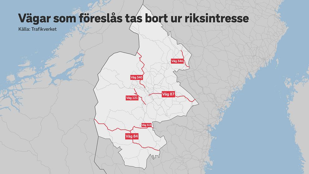 Karta över Jämtlands län. Sex vägsträckor är rödmarkerade. Dessa vägsträckor föreslås att tas bort från riksintresset för vägar.
