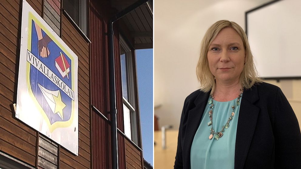 Montage av två bilder. Till vänster en skylt med texten Vivallaskolan. Till höger en bild på Marlene Jörhag, kommunalråd i Örebro.