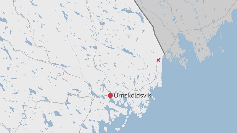 En karta med ett rött kryss och ortsnamnet Örnsköldsvik.