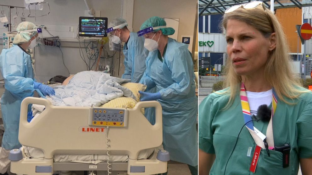 Tre sjuksköterskor hjälps åt att lyfta en patient som intensivvårdas. Inklippt: Överläkare Karin Frisell