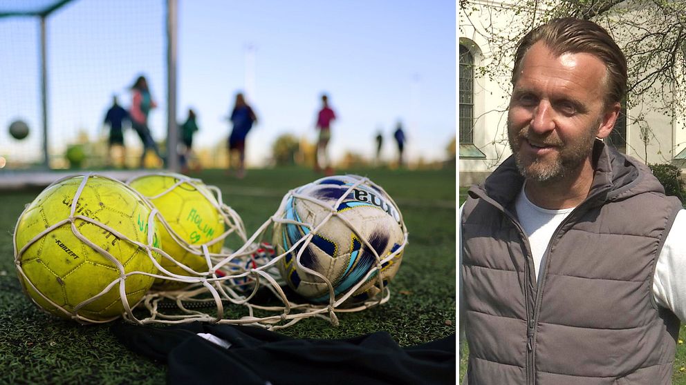 Två bilder, fotbollar i ett nät med spelare i bakgrunden. Till höger Daniel Svedberg.