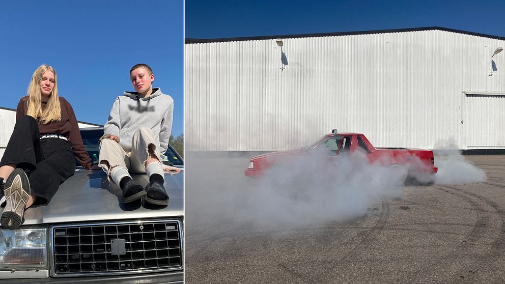 Bilden är ett collage i två delar. Den vänstra bilden är en bild på två unga tjejer som sitter på motorhuven på en silvrig äldre Volvo. Den högra föreställer en röd A-traktor av märket Volvo som gör en burn out, det är vit rök runt bilen.