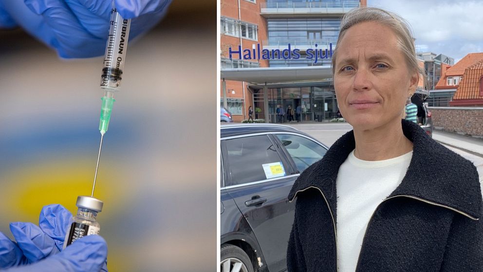 Till vänster en spruta som injicerar vaccin i sig och till höger en bild på en kvinna utanför ett sjukhus i Halmstad.