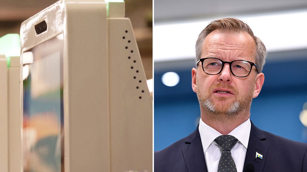 På bild ett exempel på hur ansiktsigenkänning fungerar samt inrikesminister Mikael Damberg (S).