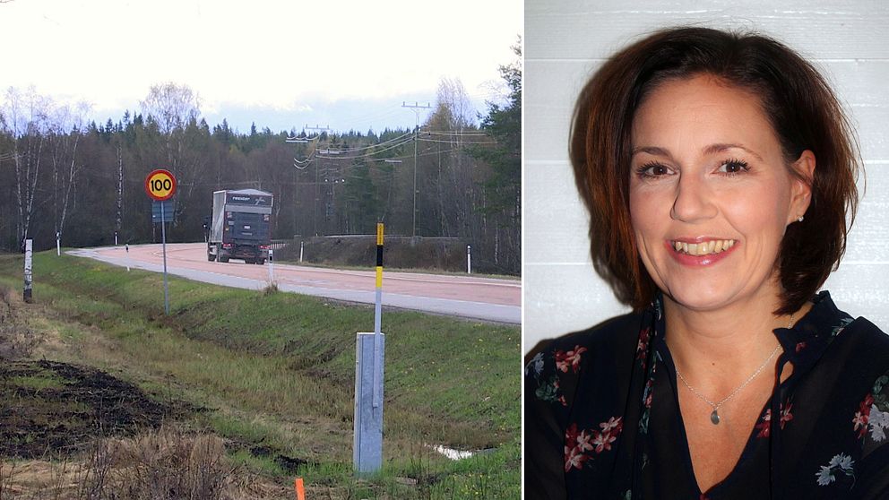 Bild på vägsträcka av E14 och bild på Helena Werre, enhetschef på Trafikverket.