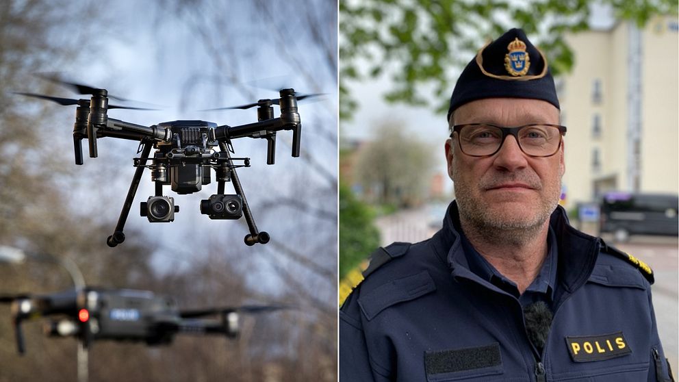 En arkivbild på en drönare samt ett porträtt på Christer Sjöqvist i uniform utanför polishuset i Eskilstuna.