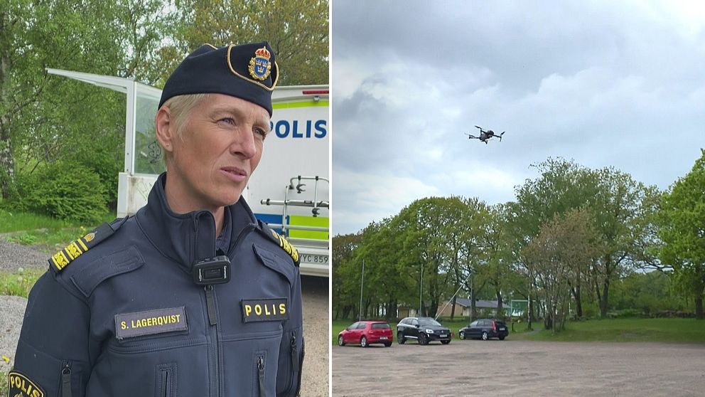 Bild i två delar: 1. Polisen Susanna Lagerqvist står framför en polishusbil. 2. Drönare flyger över en grusparkering.