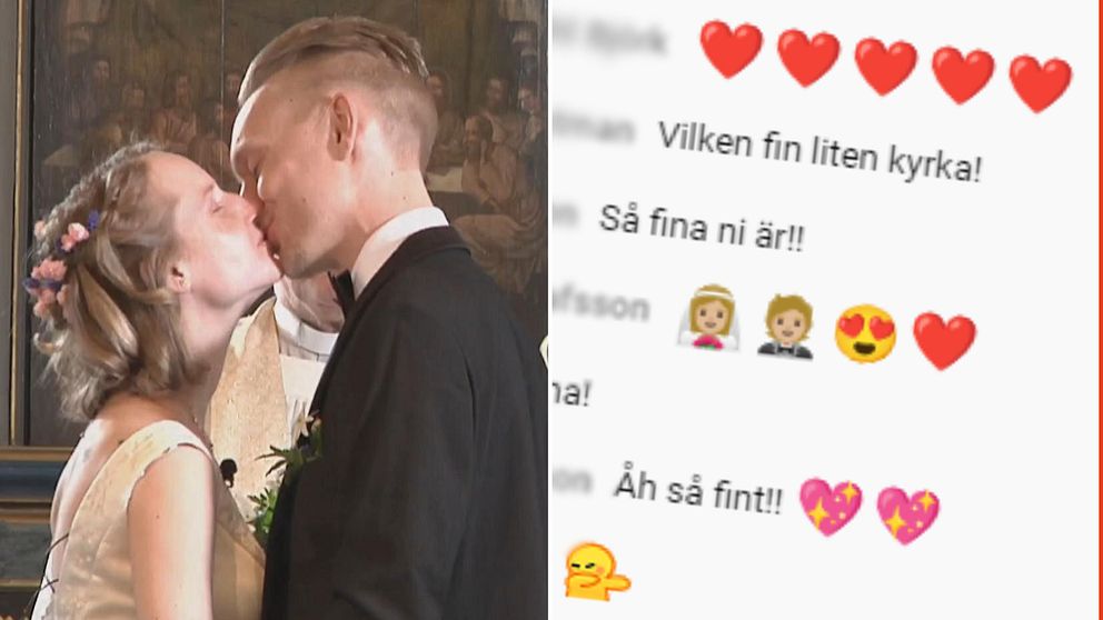 Brudpar som kysser varandra. Bredvid en chatt med emojis.