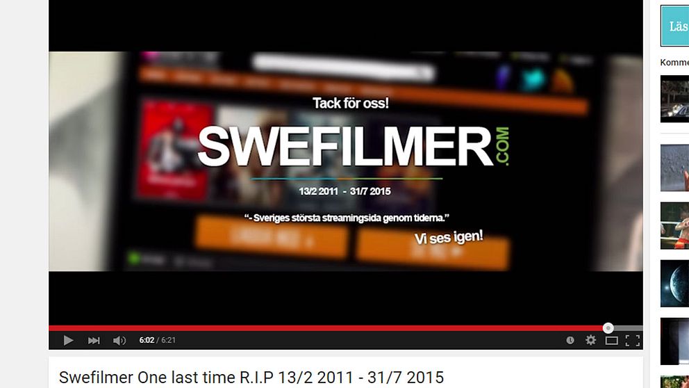 Swefilmer meddelade nedläggningen via Youtube.