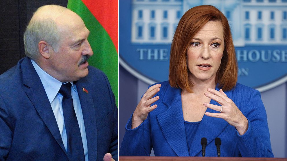 Vita husets pressekreterare Jen Psaki (t.h) kallar nu Belarus agerande för ”en direkt förolämpning mot internationella normer”.