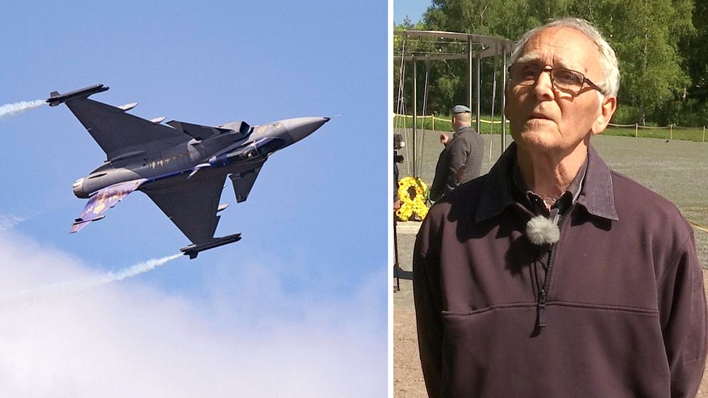 till vänster en bild på ett JAS-gripen flygplan och till höger en bild på en veteran i en park.