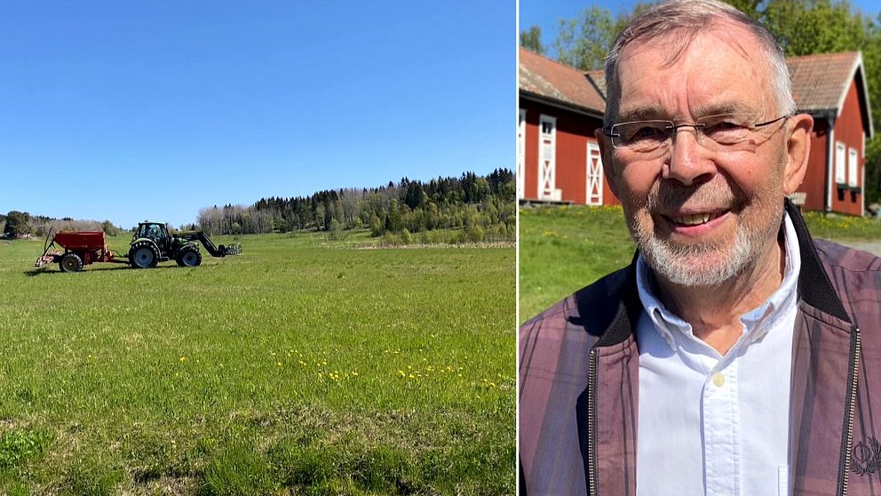 traktor med släp på gräsäng, och porträttbild på äldre man framför falurött hus med vita trädetaljer