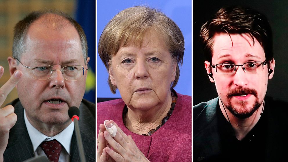 Tyske toppolitikern Peer Steinbrück, förbundskansler Angela Merkel och visseblåsaren Edward Snowden.