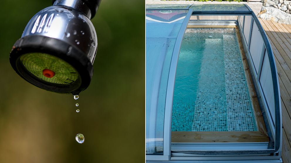 Tvådelad bild. Droppande slang eller dusch till vänster. Hemmapool delvis täckt med skyddande tak till höger.