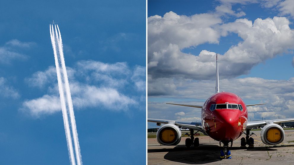 Kondensstrimmor efter flygplan/flygplan på landningsbana.