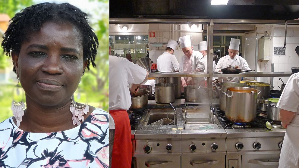 Bilden är delad i två. Den vänstra bilden är en porträttbild på en senegalesisk kvinna i medelåldern. Hon har stora silverringar i öronen med ljusrosa stenar. I bakgrunden skymtar grönska. Den vänstra bilden föreställer ett restaurangkök i rostfritt stål. Flera kockar i vita kockrockar och kockmössor arbetar i köket.