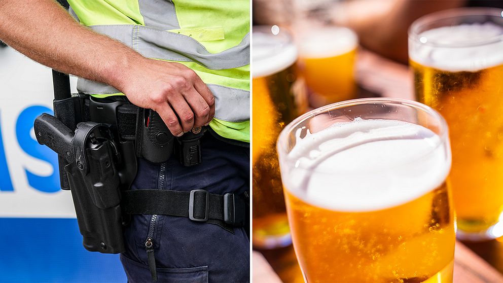 Patrullerande polis/ öl på uteservering.