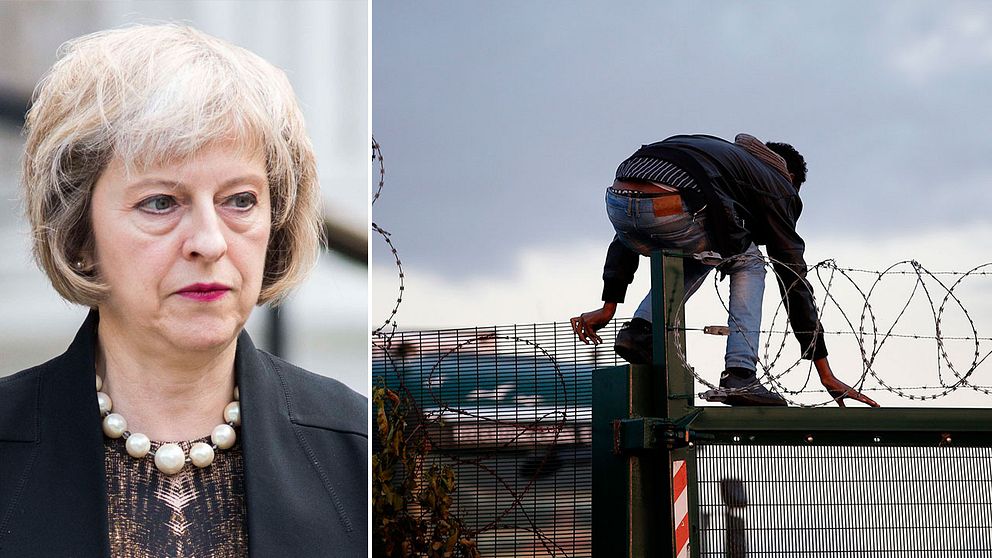 Migranter vid ingången till Eurotunnel i Calais, och Storbritanniens inrieksminister Theresa May.