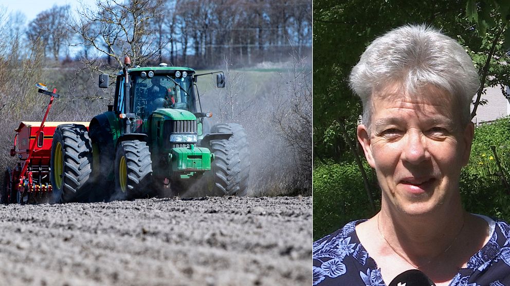 en traktor som drar maskini på åker, samt närbild på medelålders kvinna