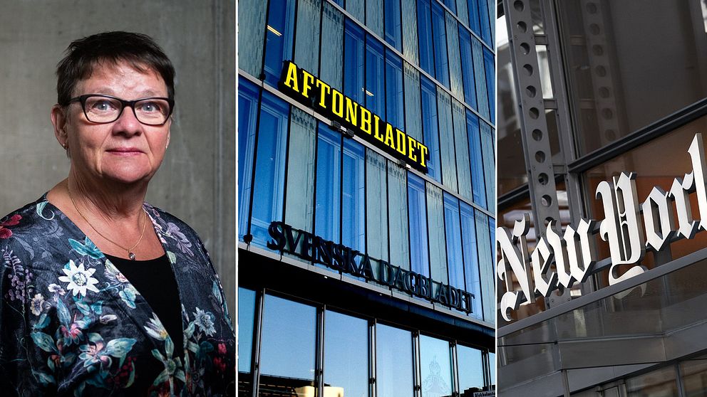 Anne-Marie Eklund Löwinder, säkerhetschef på Internetstiftelsen/ Schibstedhusets fasad/ New York-times-skylt.