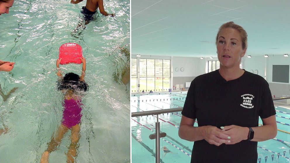 Två bilder, en på en flicka som simmar med flytbräda, en på Emma Igelström.