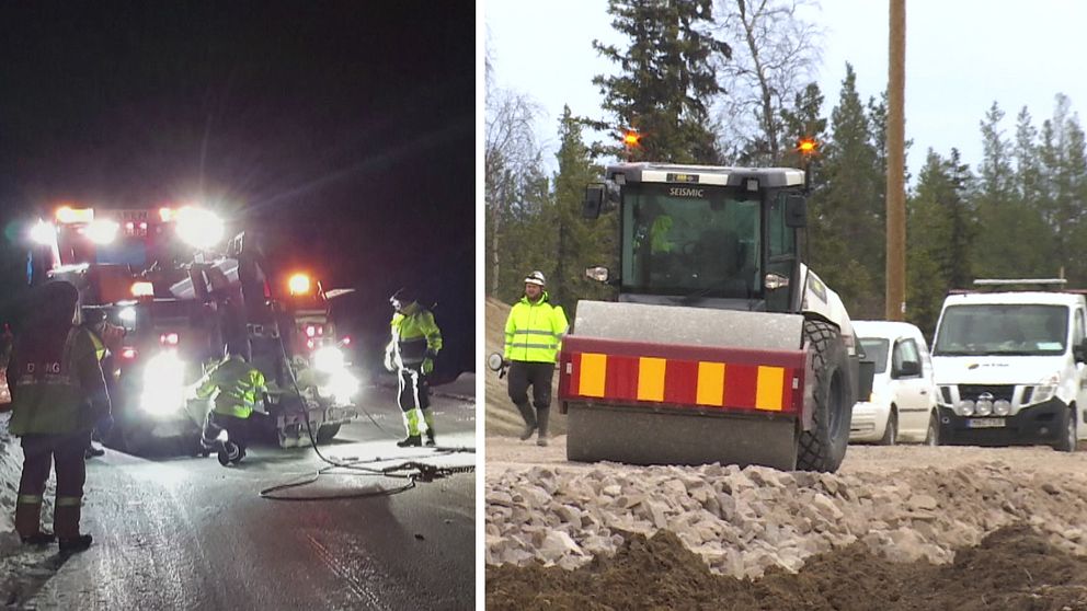 bild från arbete på väg nattetid, samt en ångvält och bilar dagtid