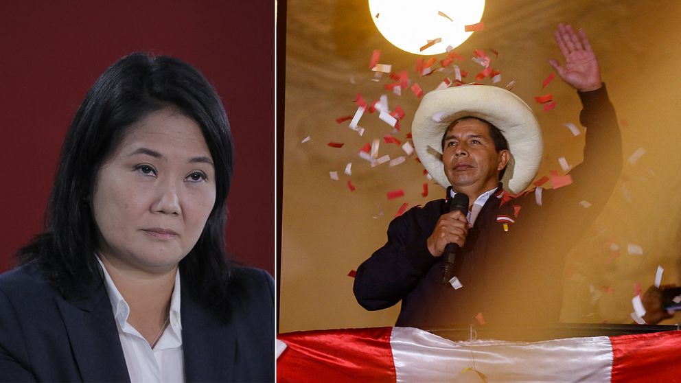 Presidentkandidaten Keiko Fujimori (t.v) kräver att röster ogiltigförklaras. Samtidigt utropar sig Pedro Castillo (t.h) som vinnare i valet.