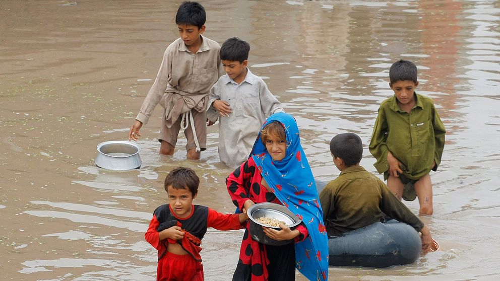 Pakistanska barn bär hem mat till sina familjer.