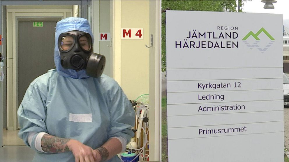 Delad bild. Till vänster sjukvårdspersonal i full skyddsmundering. Till höger skylt med texten ”Region Jämtland Härjedalen”.