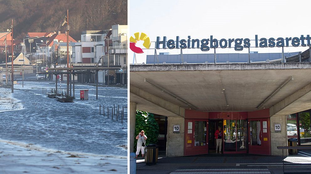 Fotomontage av bilder på översvämning och huvudingången på lasarettet i Helsingborg