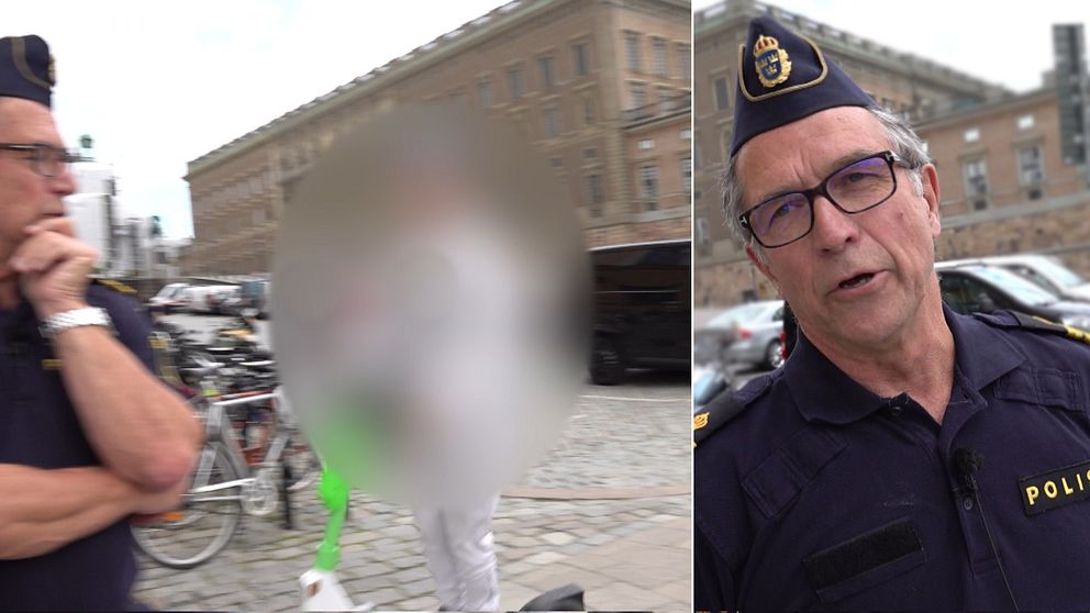 Den högra bilden visar en halvbild på polisen Hans Nilsson. Den vänstra bilden visar en person som är anonymiserad som kör elsparkcykeln på gatan förbi polisen.