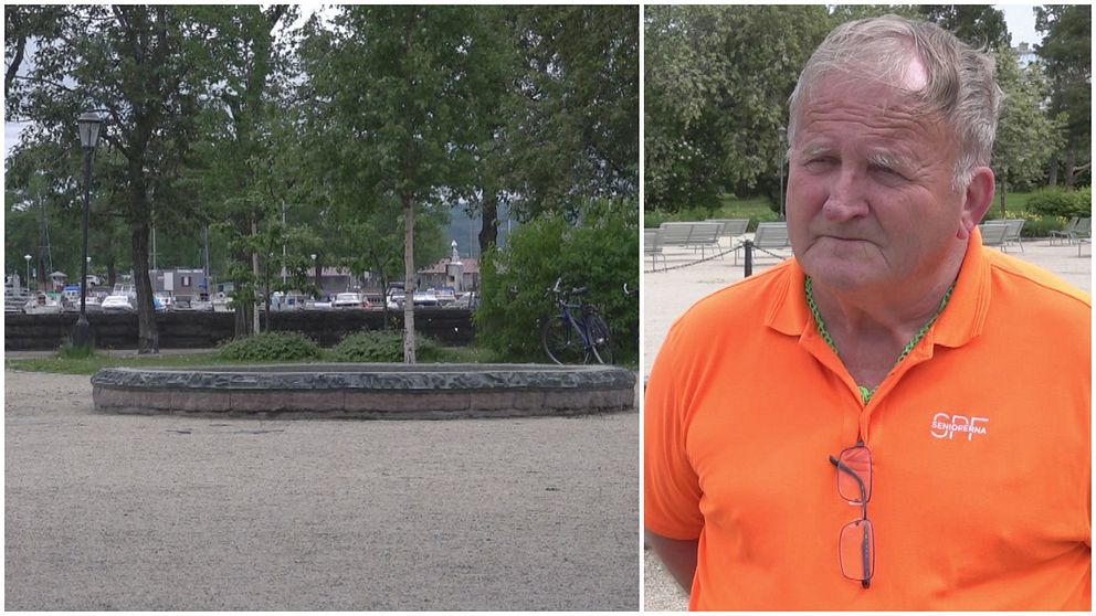 Till vänster fontänen vid Badhusparken i Östersund. Till höger en man med orange tröja och glasögon hängandes över bröstkorgen.