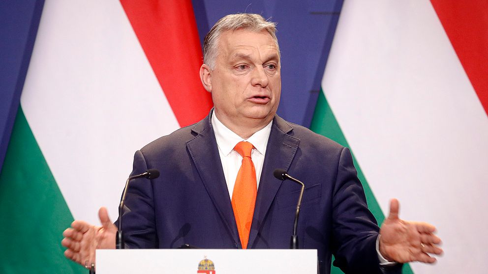 Ungerns premiärminister Viktor Orban i kostym framför två ungerska flaggor. Han tittar åt sidan och gestikulerar med händerna.