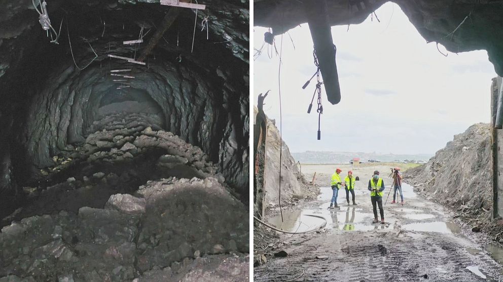 inne i en gammal gruvgång med rasmassor på marken, samt bild ut mot öppningen där det står fyra personer utanför gruvan