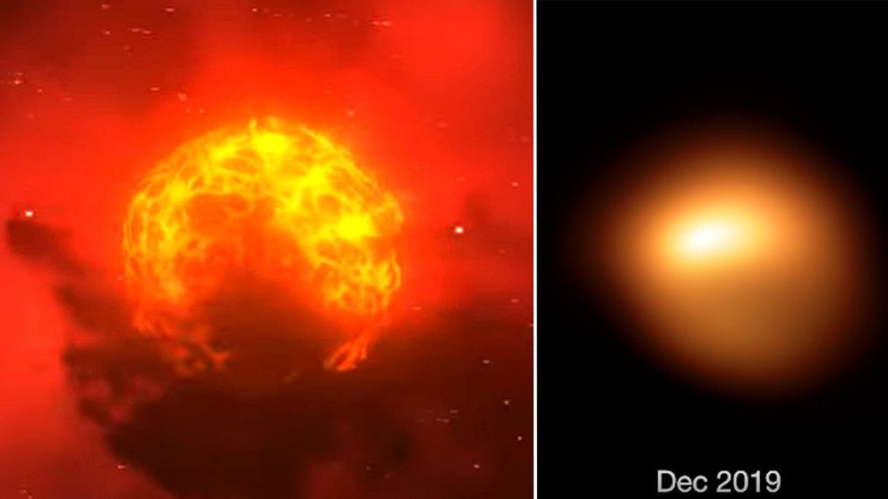 Till vänster är en illustration av Betelgeuse och till en höger från VLT-teleskopet i Chile.