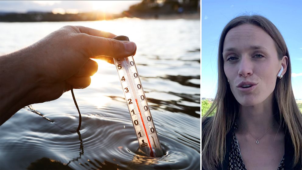 dubbelbild: termometer i sjö visar 22 grader, porträtt på meteorolog