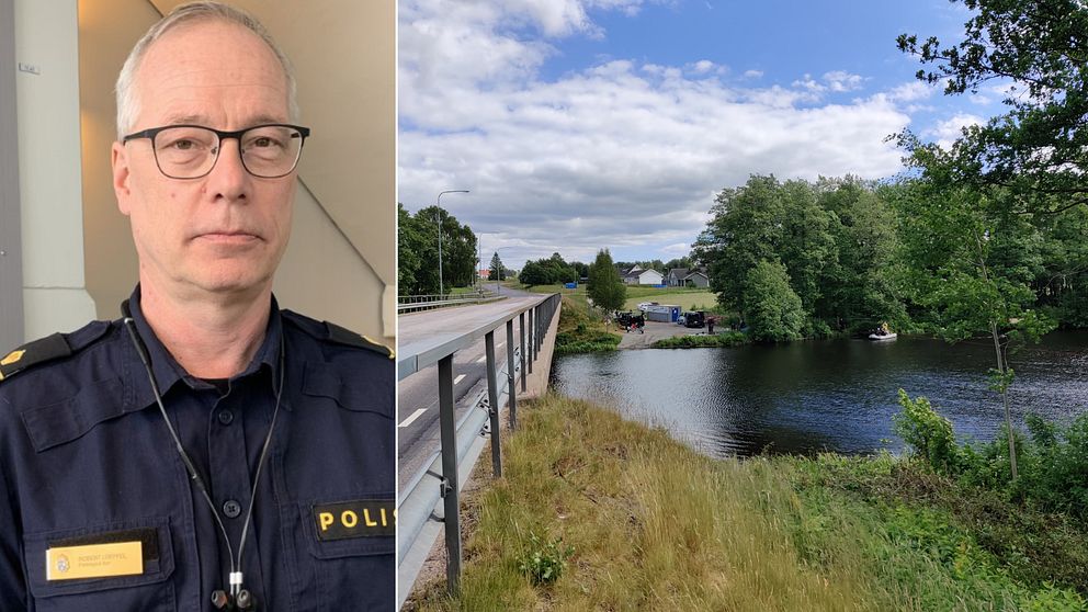 Bilden är delad i två. Den vänstra är en porträttbild på Robert Loeffel, presstalesperson för polisregion Syd. Den högra bilden är en bild på Replösabron och ån Lagan i Ljugby.