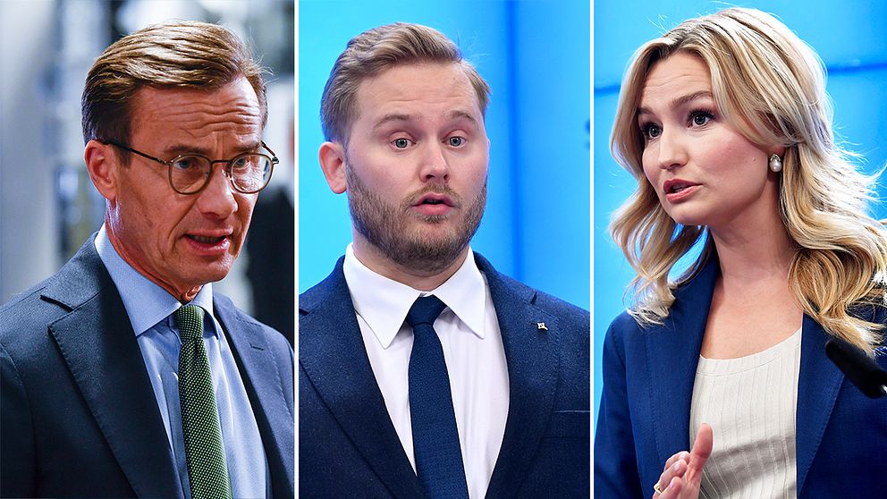 M:s partiledare Ulf Kristersson, SD:s gruppledare Henrik Vinge, KD:s partiledare Ebba Busch.