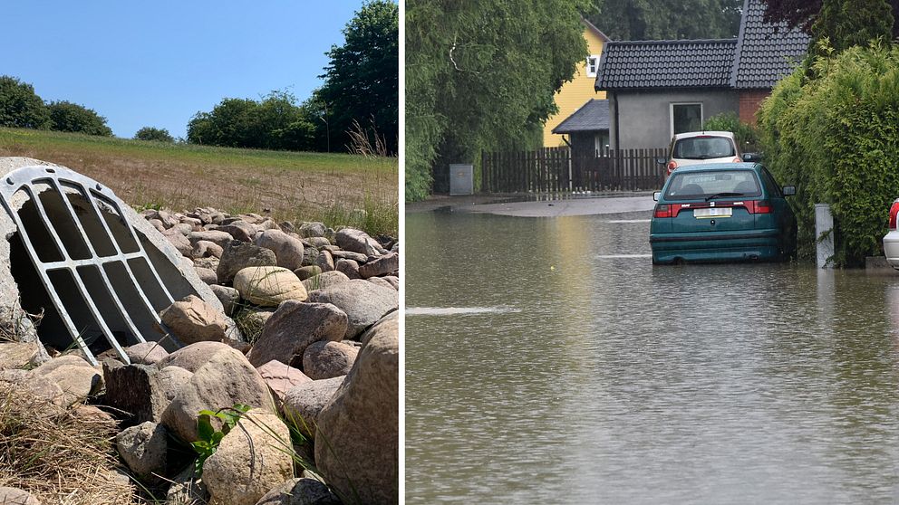 Fotomontage mellan en dagvattenbrunn och en översvämmad gata.