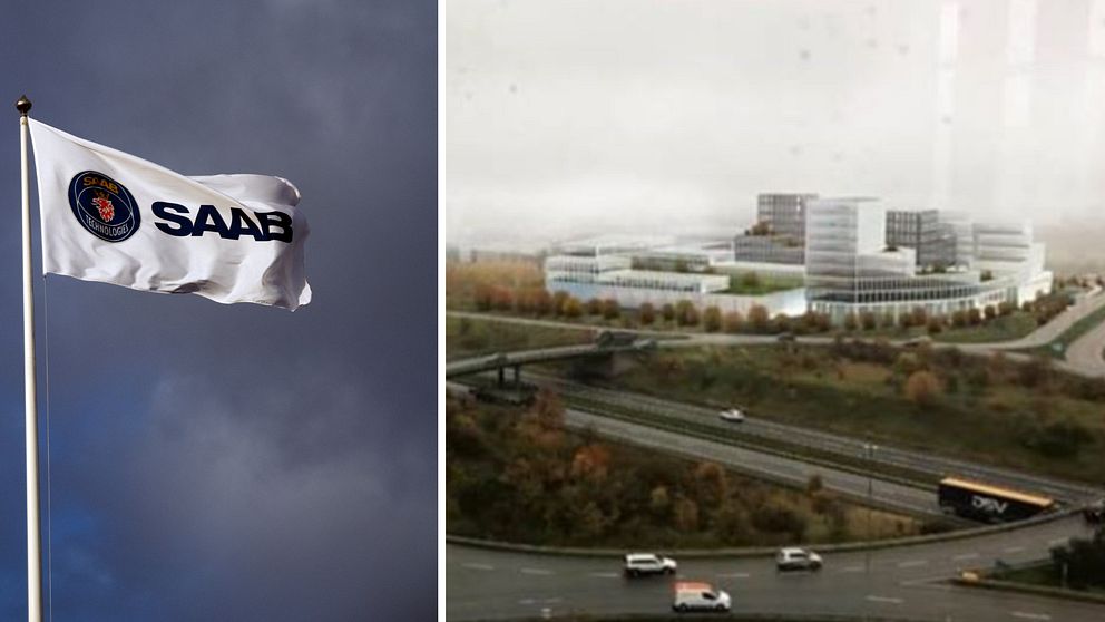 Saab-flagga och skiss på nya kontoret i Lund