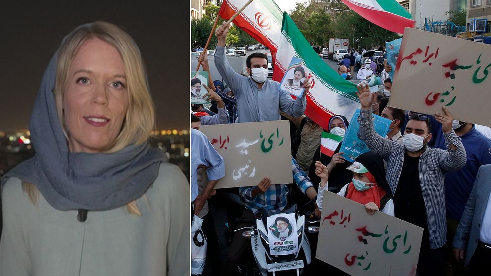 SVT:s Mellanösternkorrespondent Stina Blomgren när hon rapporterar från Iran i sjalen som är obligatorisk i landet.