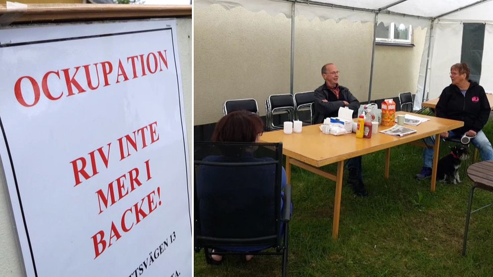 Till vänster en skylt med texten ”Ockupation. Riv inte mer i Backe!”. Till höger tre ockupanter inne i ett tält, sitter och pratar vid ett bord.