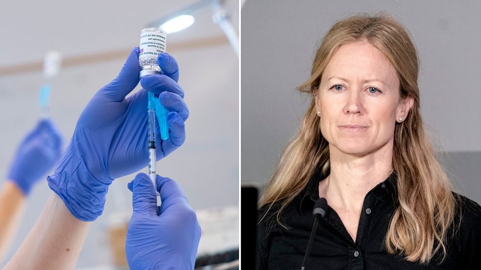 Tvä händer i blå plasthandskar som håller upp en spruta med vaccin. Bredvid bild på kvinna med ljust hår och svart tröja.