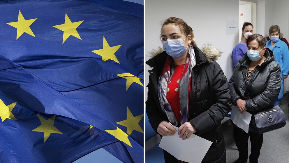 EU-flaggan/Kvinnor i vaccinationskö i Rumänien