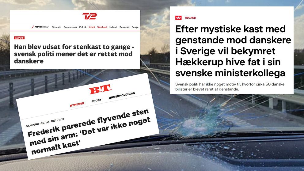 faksimil från danska tidningar som uppmärksammat stenkastningen, bild på krossad ruta