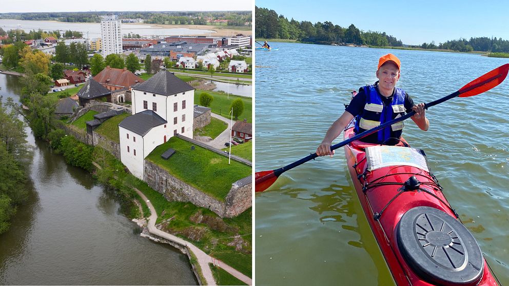 Nyköpingshus från luften samt en bild på Daniel Brobert i sin kajak med paddeln i högsta hugg.