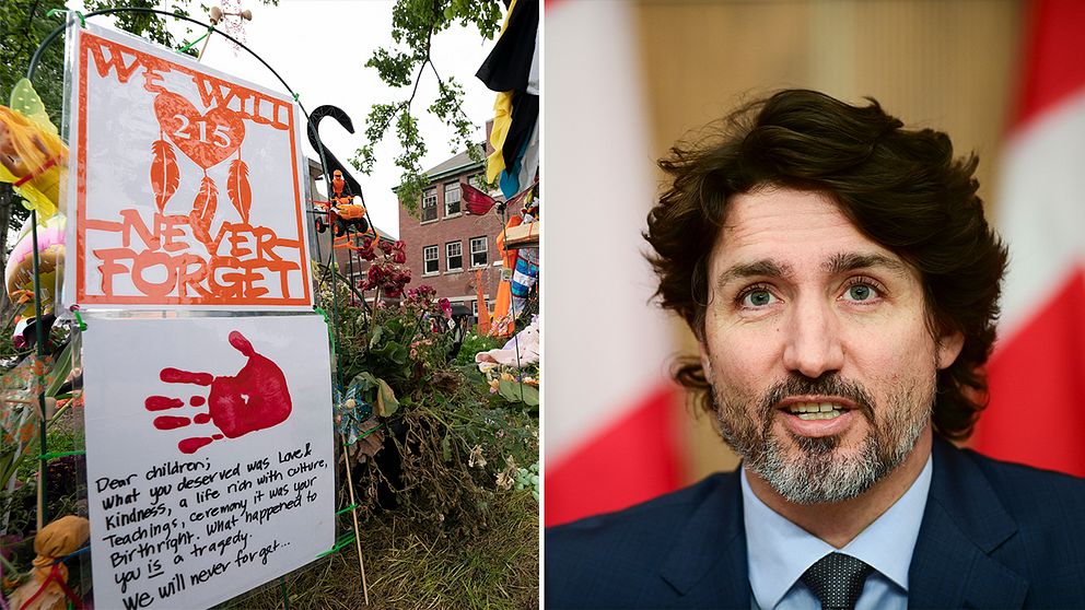 Minnesplats och plakat för de 215 barn vars kvarlevor hittats, och Kanadas premiärminister Justin Trudeau.